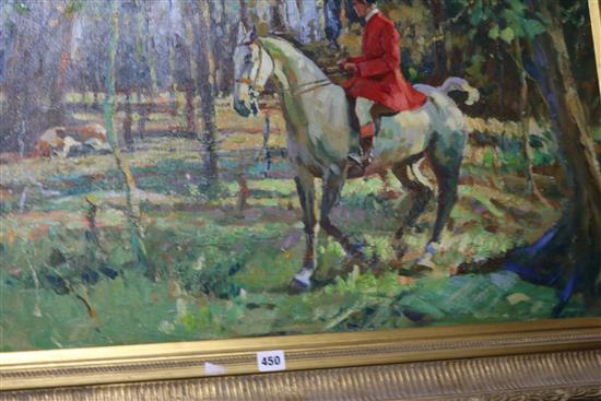 After Munnings, oil on canvas, Huntsman and hounds, 59 x 90cm